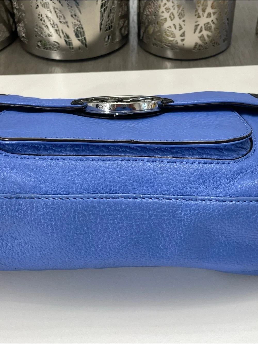 Michael Kors Blue Leather Crossbody Bag MK Logo Flap Chain Strap Shoulder